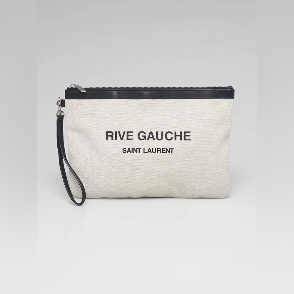 Saint Laurent Rive Gauche Canvas Clutch Pouch Black Leather Trim Wristlet EUC